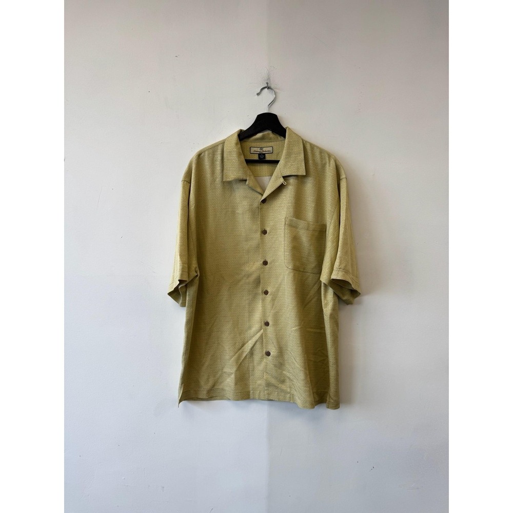 Tommy Bahama Shirt Mens XL Yellow Silk Check Button Front Short Sleeve Casual